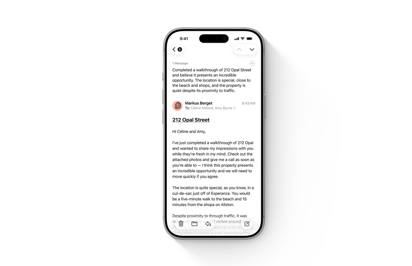 Three iPhone devices showing Apple Intelligence: voicemail summary, record and summarize notes and calls, and summarize email