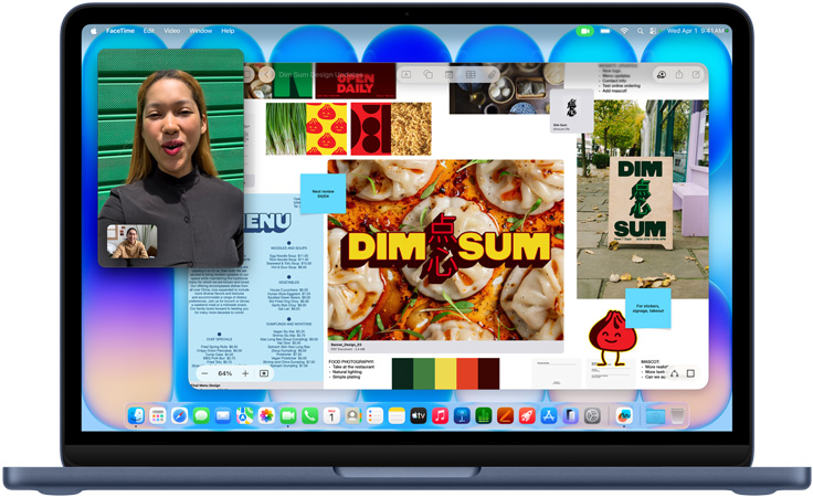 MacBook Neo, warna indigo, panggilan video sedang berlangsung, jendela Freeform dengan menu, fotografi makanan, dan ilustrasi untuk restoran dim sum