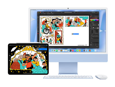 A bold and playful illustration displayed on an iPad and iMac desktop with macOS Tahoe. On the iMac, the same illustration is within a creative application.