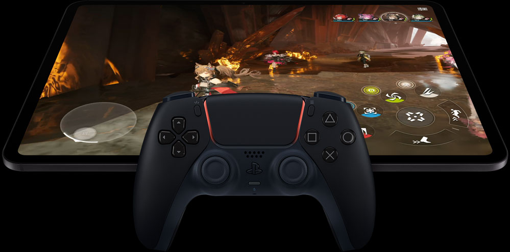 Wireless PlayStation controller atop iPad Pro, front exterior, landscape orientation, space black colour, display showing a video game screen of a futuristic robot mech with a glowing pink laser sword