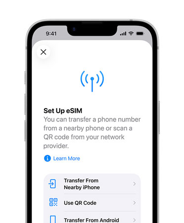 iPhone 17e, front exterior, showing the Set Up eSIM feature to transfer a phone number from a nearby phone or scan a QR code