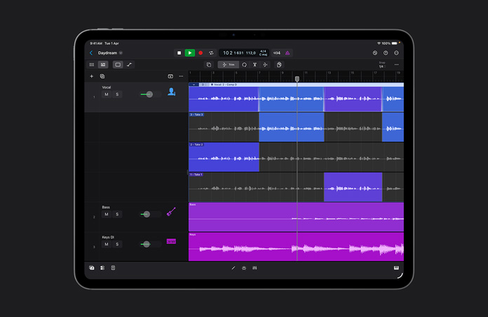 iPad Pro 13, workspace showing different colour rows of audio takes