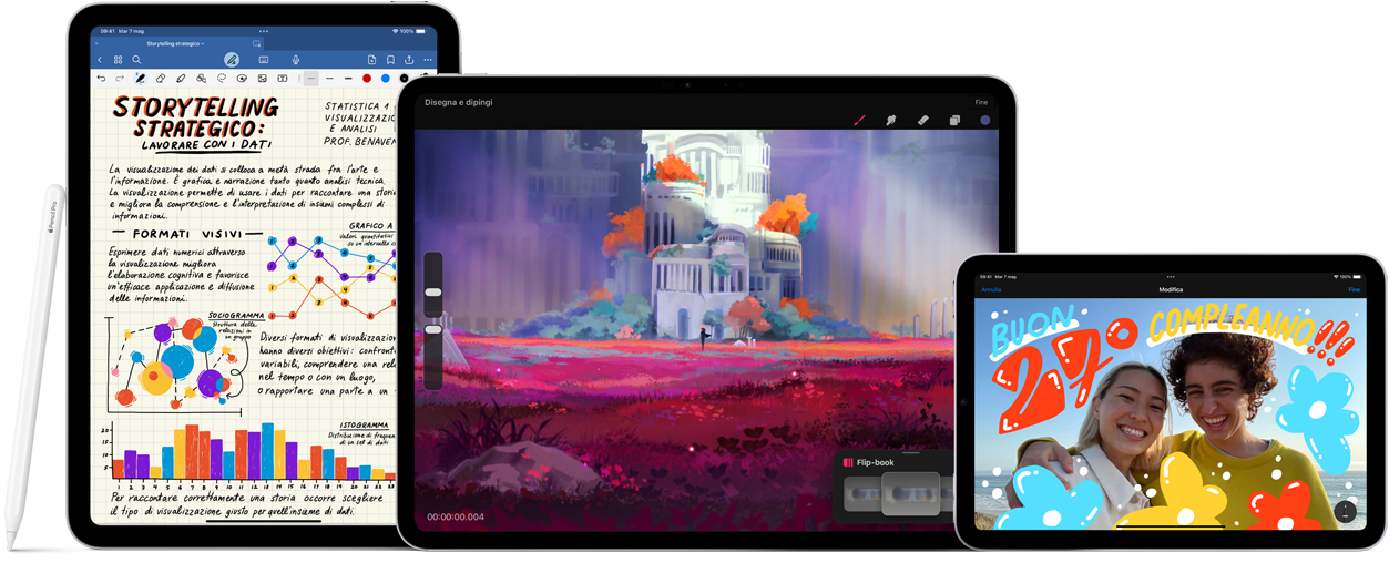 Immagine di un’Apple Pencil Pro e un’Apple Pencil (USB-C) accanto a vari iPad che mostrano alcuni esempi di appunti scritti a mano e illustrazioni colorate create con Apple Pencil.