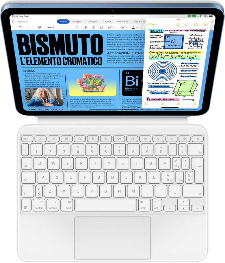 Un iPad agganciato a una Magic Keyboard Folio, il display mostra la funzione Slide Over con le app Note e Microsoft Word, mentre è in corso una chiamata FaceTime.