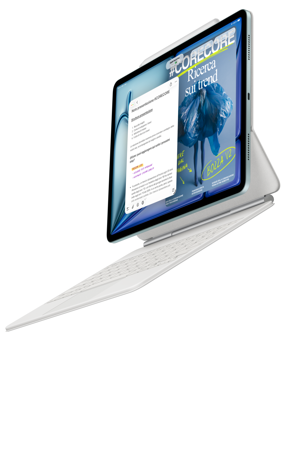 Un iPad Air agganciato a una Magic Keyboard per iPad Air e a una Apple Pencil Pro