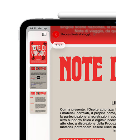 Un iPad in orizzontale con un’Apple Pencil attaccata magneticamente sul lato superiore, che mostra sulla parte superiore sinistra dello schermo dei PDF nell’app Anteprima