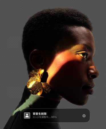 人物の横顔の画像と「Background Removal」ツールが表示されたPixelmator Proのインターフェイス