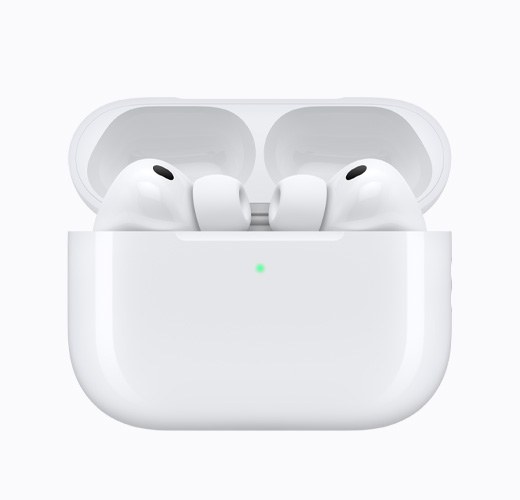 蓋の開いたホワイトの充電ケースに収められたAirPods Pro 3