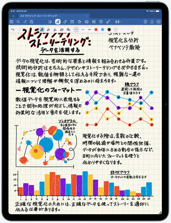 iPad Airの前面の外観。Goodnotesアプリに、手書きの文章とグラフが表示されている