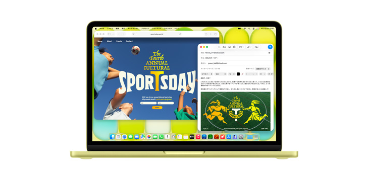 MacBook Neo上でSafariやメールなどの複数のアプリが開かれ、「The fourth annual cultural sports day」と書かれたフライヤーが表示されている