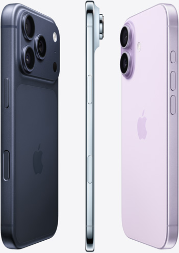 カメラ側を向けたディープブルーのiPhone 17 Pro、側面を向けたスカイブルーのiPhone Air、背面を向けたラベンダーのiPhone 17が扇状に広がって配置されている
