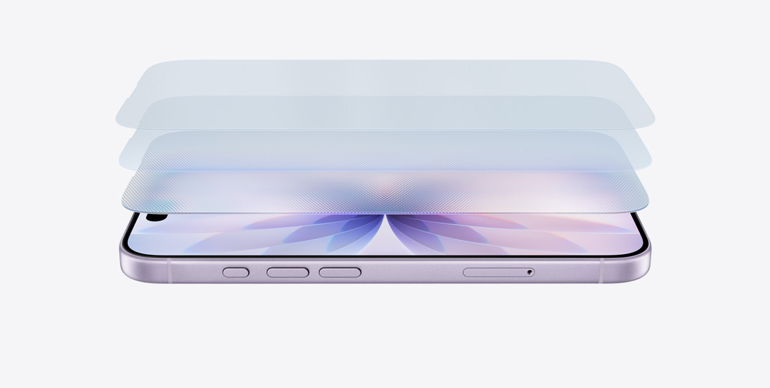 가로 방향으로 측면을 보여주는 라벤더 색상 iPhone 17. 겹겹이 표시된 디자인으로 Ceramic Shield 2를 보여주고 있습니다 2