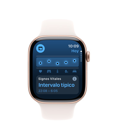 Apple Watch Series 10 con correa deportiva blanca, interfaz de usuario con un texto que dice Signos Vitales y Temperatura de la muñeca, al lado se muestra otro Apple Watch Series 10 con correa deportiva negra, interfaz de usuario con un texto que dice Signos Vitales, Temperatura de la muñeca, Frecuencia cardiaca y Análisis