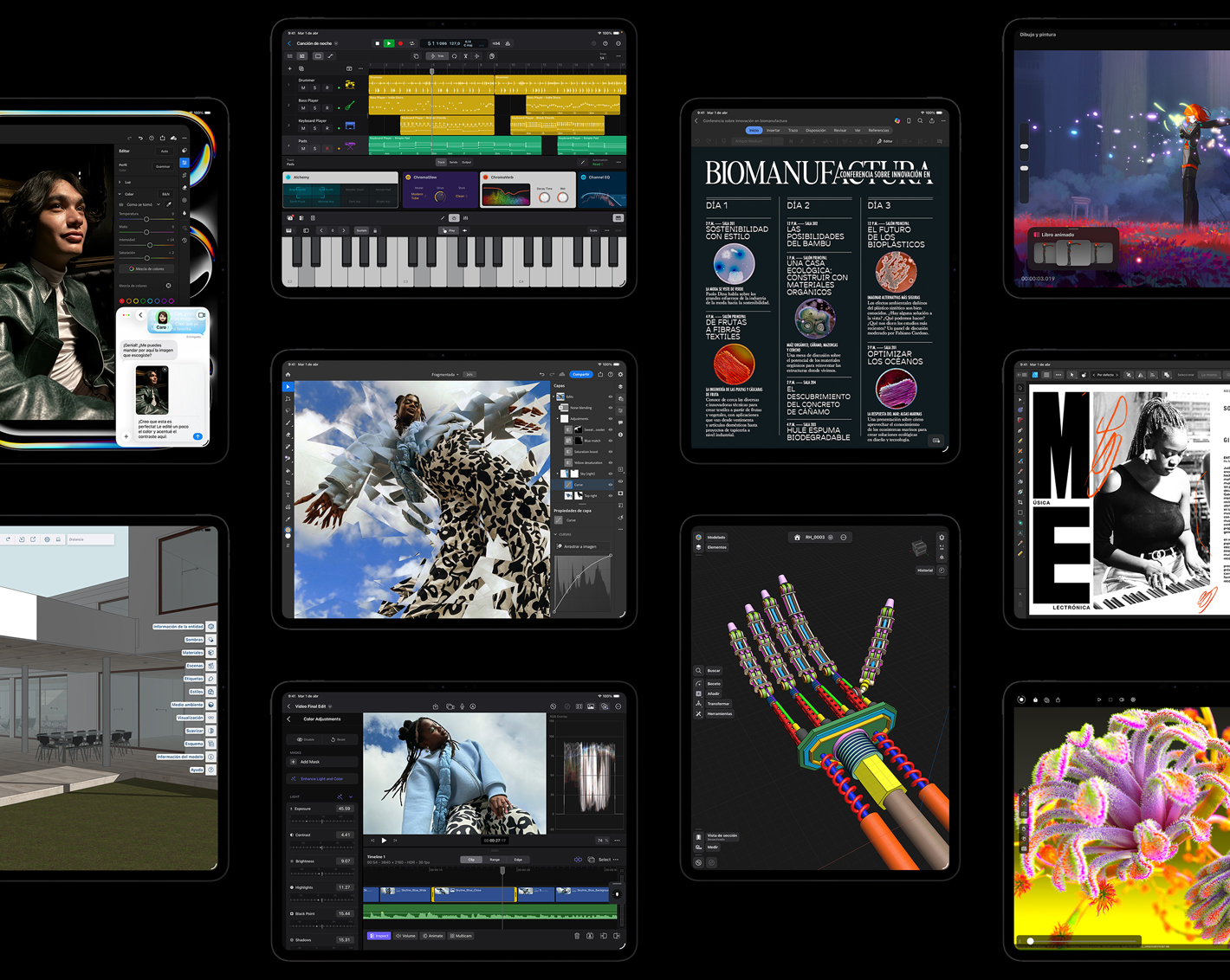 Varias pantallas de iPad Pro muestran apps de iPadOS con proyectos creativos abiertos, como Logic Pro, Adobe Lightroom, Adobe Photoshop, Final Cut Pro, Trimble SketchUp, Microsoft Word, Procreate Dreams, Affinity Designer 2, Shapr3D y Octane X