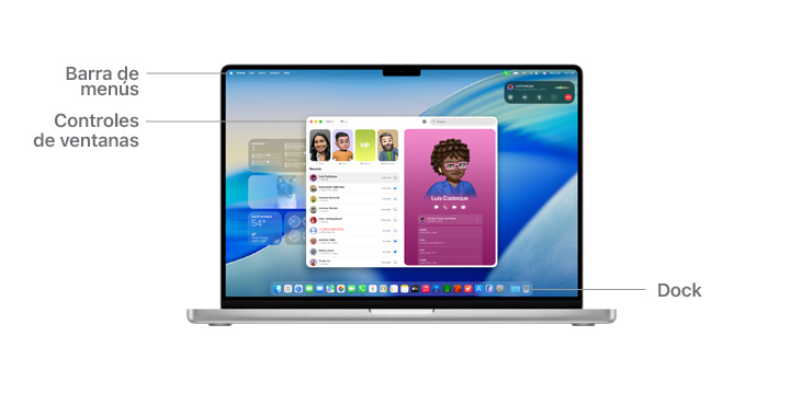 Un recorrido por la navegación de macOS, como la barra de menús en la parte superior de la pantalla de la MacBook, los botones de ventana y el Dock.