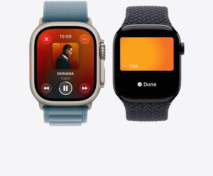 Apple Watch Ultra 3, caja de titanio, app Apple Music, pantalla Ahora Suena, Apple Watch Series 11, caja de aluminio, negro azabache pulido, pantalla Apple Pay, Apple Card