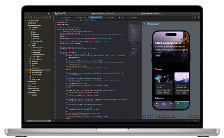 An open Mac with the Xcode app displayed.