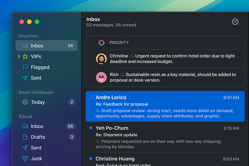 Apple Intelligence funkcija Priority Messages aplikācijā Mail