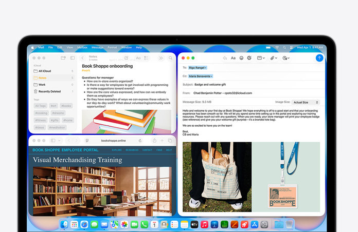 MacBook Neo indigo krāsā, ekrānā redzams sveiciena e-pasts jaunam grāmatnīcas darbiniekam, citos logos ir Notes dokuments par darbinieka ievadīšanu uzņēmumā un grāmatnīcas darbinieku portāls Safari pārlūkā