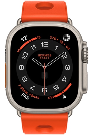 ساعة Apple Watch Hermès Ultra 3، واجهة الساعة بعقارب Circulaire، (عقارب الساعة والدقيقة والثانية، الإضافات: الطقس، حلقات النشاط، الوقت في باريس، مؤشر الأشعة فوق البنفسجية)، إطار تيتانيوم، لون طبيعي، الجانب الخارجي الأيمن، التاج الرقمي، زر جانبي بارز، مع حزام Scub'H Diving، لون برتقالي نيون (برتقالي ساطع)، مطاط مقولب، فتحات دائرية في الوسط