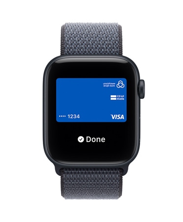 Apple Watch SE 3, aluminum case, midnight color, Apple Pay in Apple Wallet, right side exterior, Digital Crown, band, Sport Loop, anchor blue color
