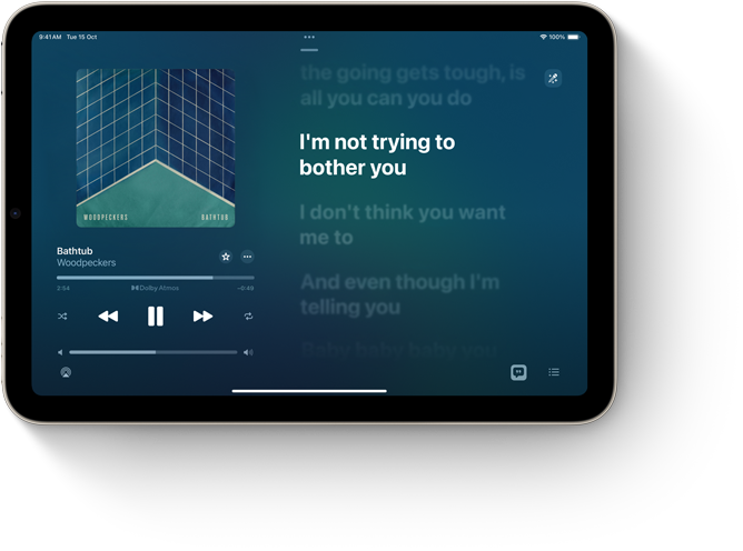 iPad mini, landscape orientation, displaying Apple Music with song lyrics.