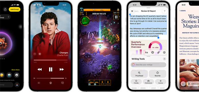 أجهزة iPhone 17e جنباً إلى جنب تعرض شاشات مختلفة: متصفح الويب سفاري، وأدوات الكتابة، ولعبة قيد التشغيل، وتطبيق Apple Music، ورمز جنموجي يتم إنشاؤه.