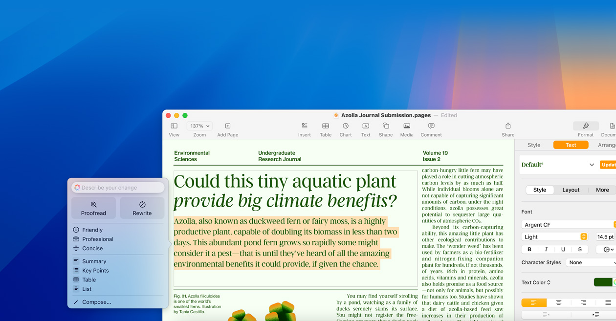 شاشة تعرض استخدام ميزة التعديل في أدوات الكتابة ضمن Apple&nbsp;Intelligence.