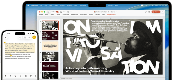 iPhone 16 Plus with text highlighted in the Notes app, Macbook Air with a Keynote slide open, text from Notes app is visible on the slide