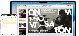 iPhone 16 Plus with text highlighted in the Notes app, Macbook Air with a Keynote slide open, text from Notes app is visible on the slide