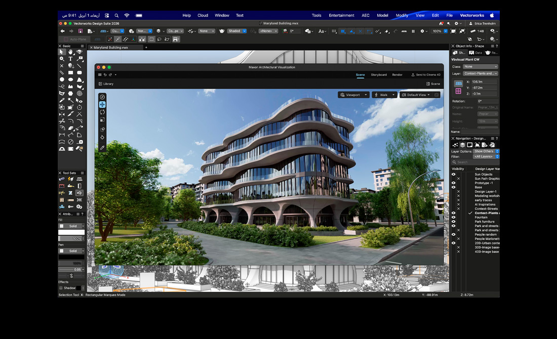 شاشة MacBook Pro تعرض Vectorworks Design Suite مع Maxon Redshift
