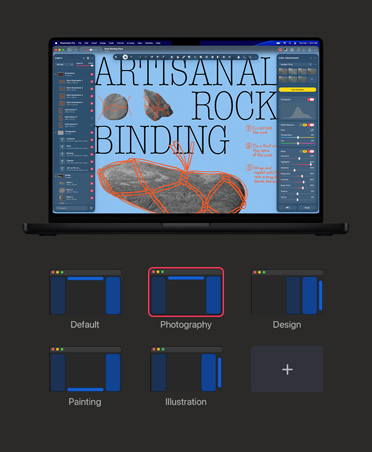 MacBook Pro 16 screen, image about artisanal rock binding, color adjustment and white balance tools
