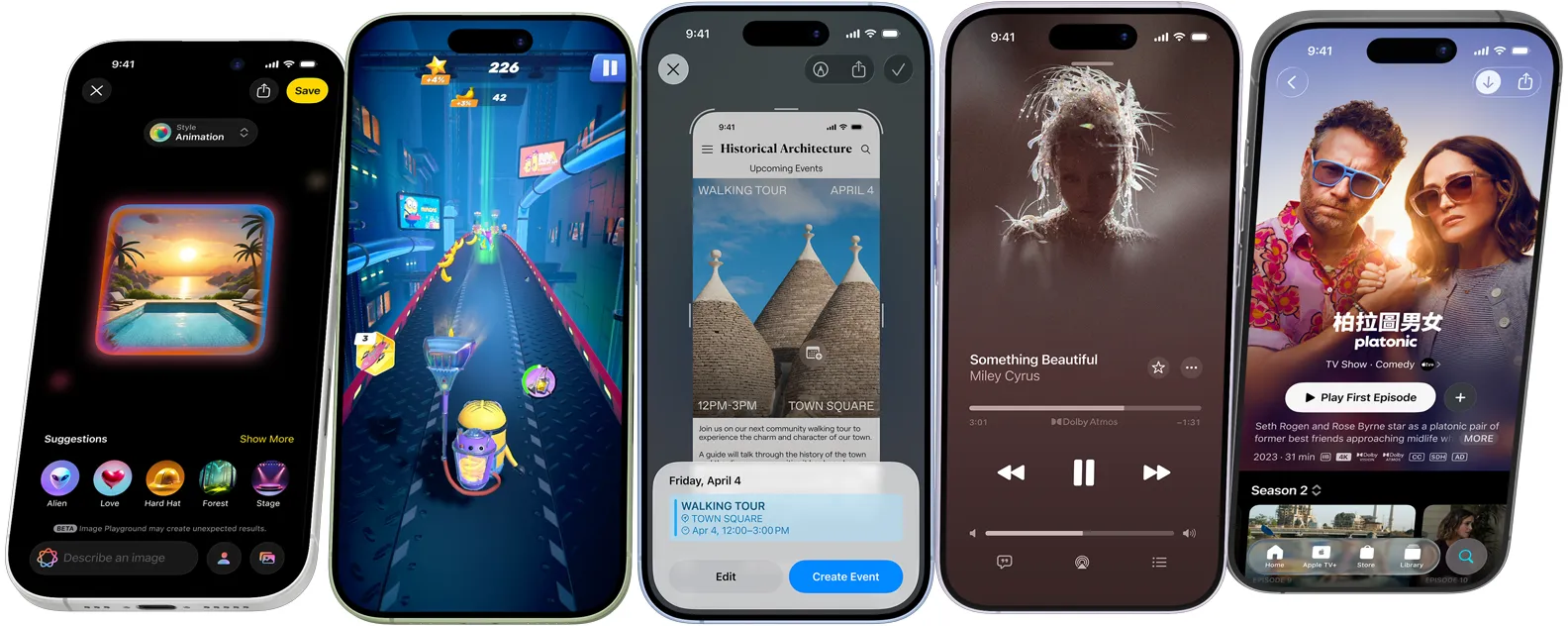多部 iPhone 17 裝置從一端翻轉至另一端後停下，螢幕展示各種 iPhone 功能