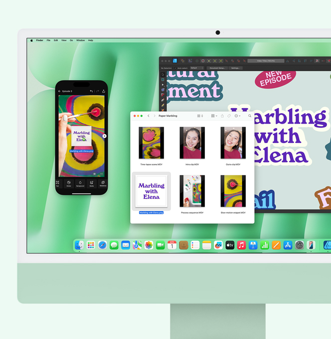 iMac verde. Duplicación del iPhone en uso. Un archivo se arrastra de una iMac a la pantalla duplicada del iPhone