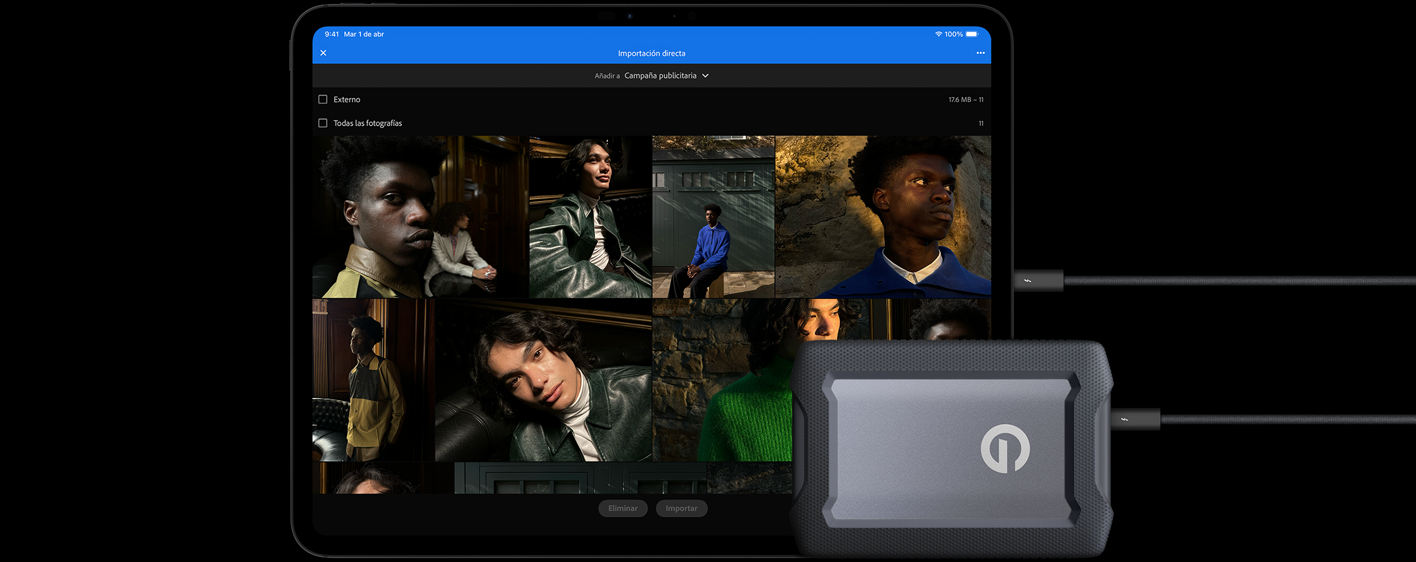 Pad Pro, parte frontal, en posición horizontal, negro espacial, conectado con un cable a un disco duro externo USB-C, la pantalla muestra fotos de modelos que se importan a una carpeta llamada 'Campaign Shoot'