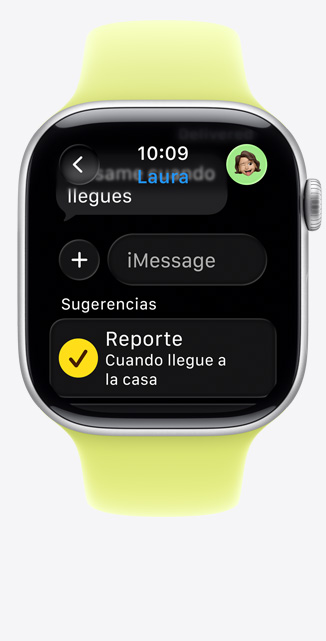 Apple Watch Series 11, caja de aluminio, color plata, sugerencia de Reporte en iMessage, correa deportiva, color amarillo neón