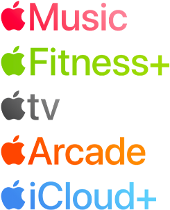 Apple subscription services logotypes including Apple Music, Fitness+, Apple TV+, Apple Arcade, iCloud+