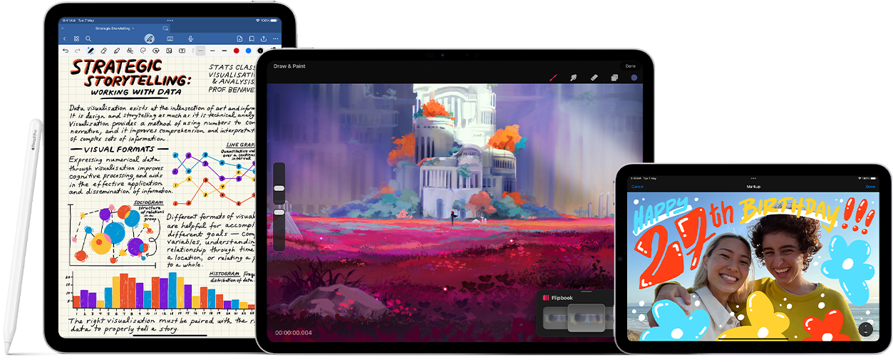 Image of Apple Pencil Pro and Apple Pencil USB-C next to multiple iPad devices displaying examples of handwritten notes and colourful illustrations created with Apple Pencil.