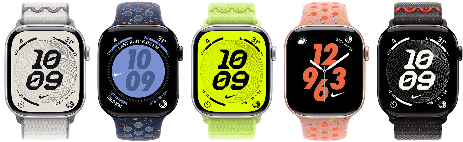 Apple Watch devices, varying Nike straps and Nike watch faces