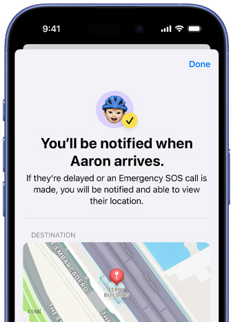 iPhone screen shows a confirmation that a Find My notification has been set up, text reads ‘You'll be notified when Pedro arrives,’ map with pinned location sits at bottom of screen