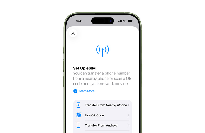 iPhone 17, front exterior, using the Set Up Mobile Data feature to easily transfer a phone number with eSIM