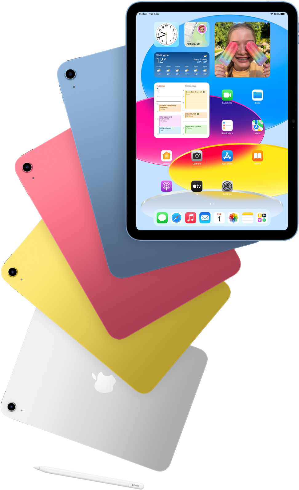 Front view iPad shows the Home Screen with blue, pink, yellow and silver rear-facing iPads models. An Apple Pencil sits near the arranged iPad models.