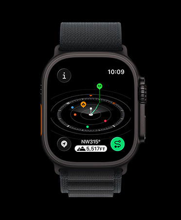 Apple Watch Ultra 3, black color, titanium case, Compass app, marked waypoints, band, black Alpine Loop