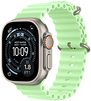 Apple Watch Ultra 3, natural color, titanium case, Orienteering watch face, complications: weather, parked car location, satellite, and distance to surface, right side exterior, Digital Crown, microphone, side button, Ocean Band, neon green color