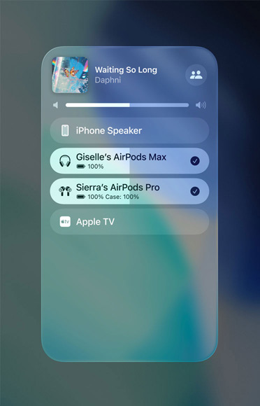 Ecrã do AirPlay no iPhone a mostrar um streaming de áudio a ser facilmente partilhado entre dois pares de AirPods
