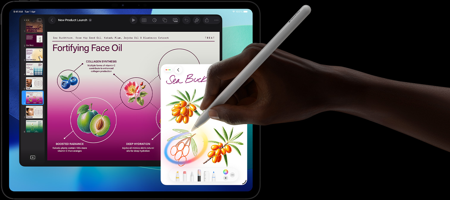 iPad Pro, front exterior  display with dark blue and green gradient background with multiple apps open, hand holding Apple Pencil Pro circling a sketch showing Apple Intelligence Image Wand feature