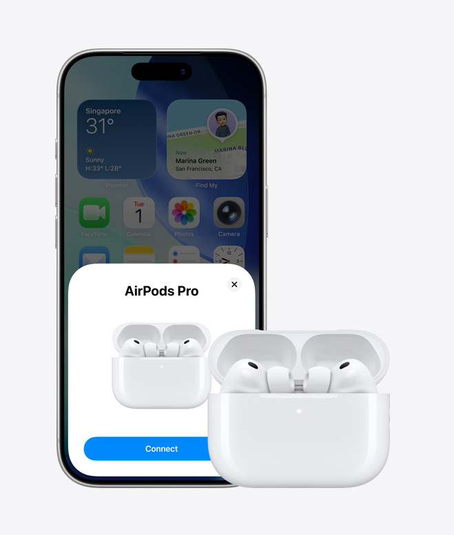 iPhone 17 Pro, front exterior, Home Screen in background, AirPods connection pop-up on screen, AirPods in open case next to iPhone
