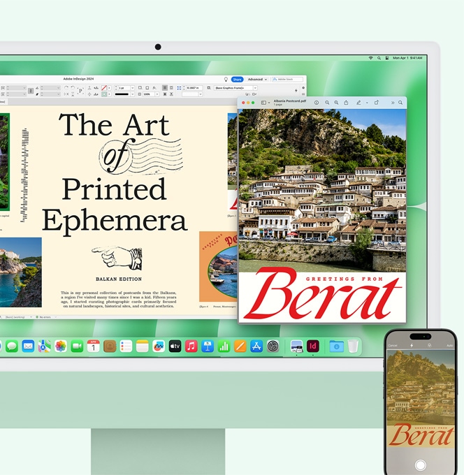 Zelený iMac a iPhone vedľa seba. Dokument naskenovaný iPhonom sa zobrazuje na obrazovke iMacu