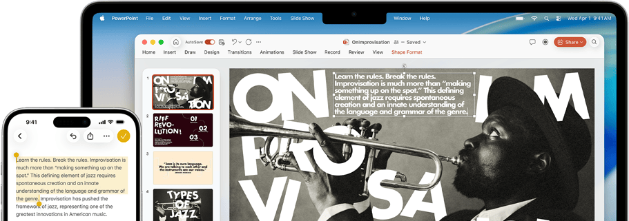 iPhone 16 Plus so zvýrazneným textom v apke Poznámky, MacBook Air s otvorenou prezentáciou v Keynote, na snímke je text z apky Poznámky