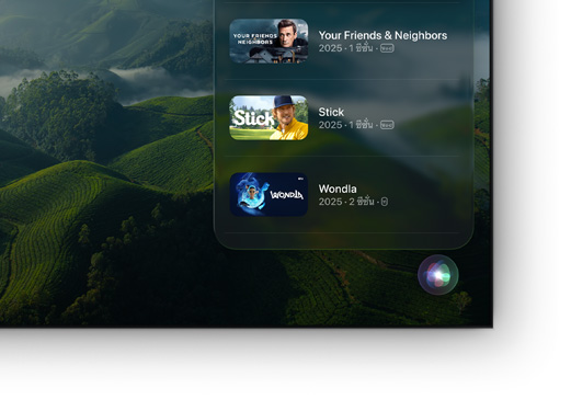 โทรทัศน์จอแบนแสดงรายชื่อภาพยนตร์และรายการ Apple TV หลายเรื่อง